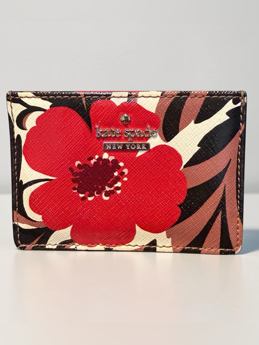 Kate Spade Red Poppy Field Floral Card Case Storybook Lining